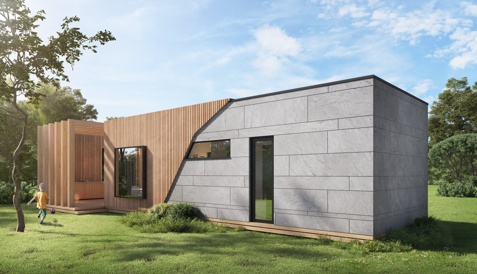 Render de moradia modular LEANOV com deck e mobiliário de jardim
