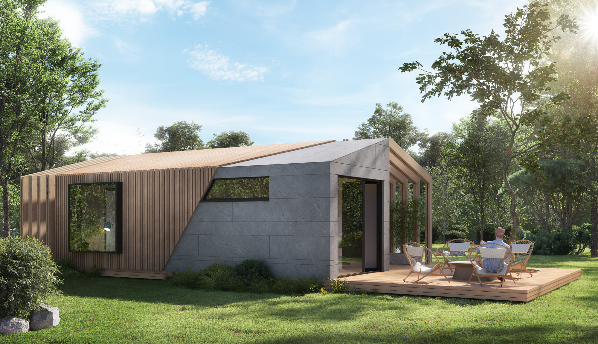 Render de moradia modular LEANOV com deck e zona de refeições exterior